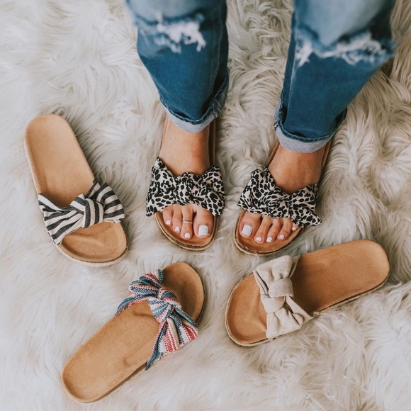 Beige Slip On Linen Fabric Bow Sandals - Picture 10 of 14